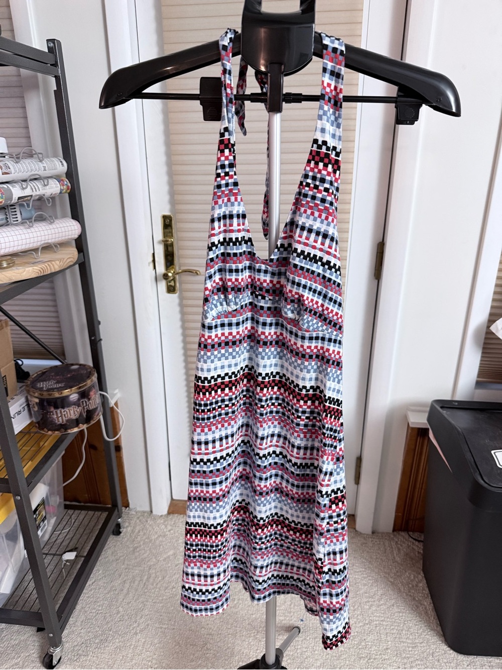 LOFT Striped Geometric Halter Top dress in Light Blue, Black, Red & white XS